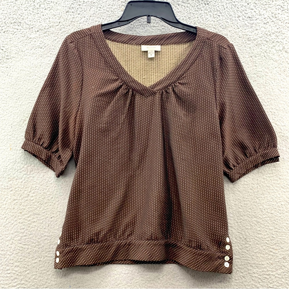 Façonnable Women's Brown Polka Dot Cotton Top Blouse Shirt Puff Sleeve V-Neck M